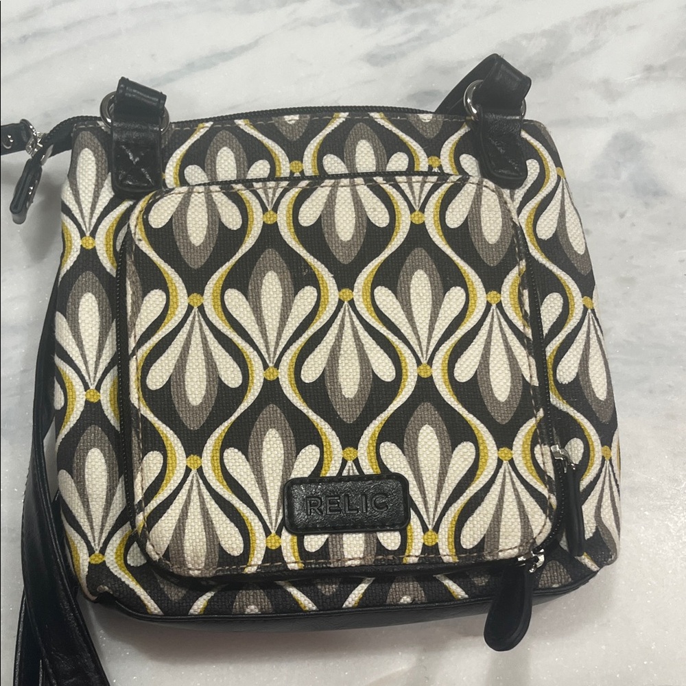 Relic Black and White Crossbody Bag with Yellow Accents